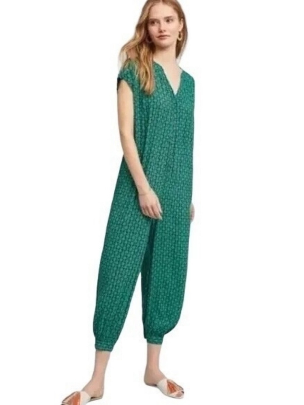 Maeve Geoscope Jumpsuit Small Green Blue Boho Graphic Print Button Front